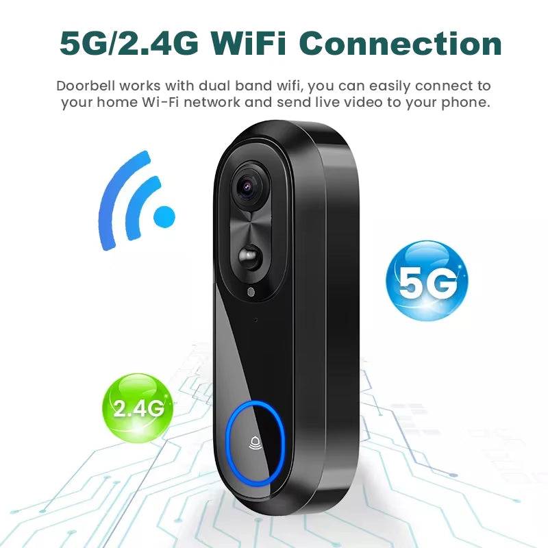 5G 2.4G Wifi Video Doorbell 1080P Wireless Bell Tuya APP Smart Intercom Camera IP65 Waterproof Ring Bell with 7000Mah Battery