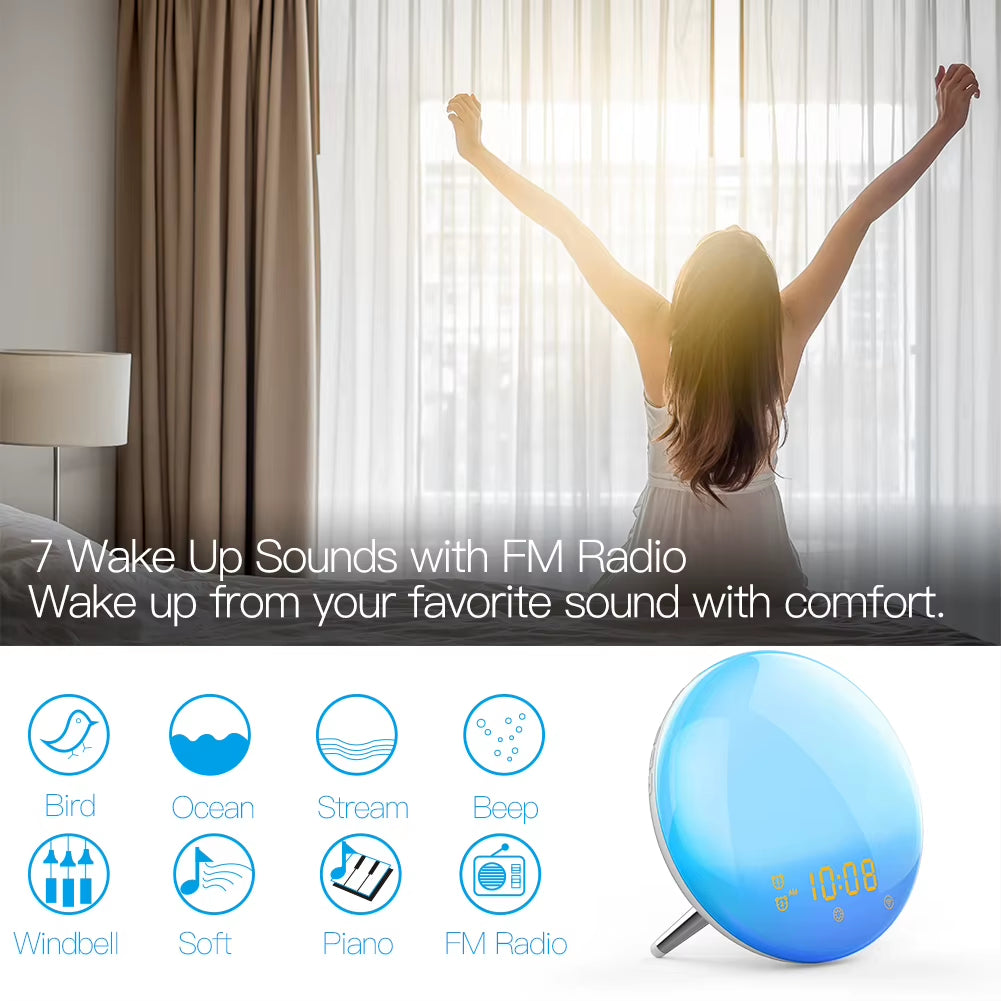 Wifi Smart Wake up Light Workday Alarm Clock with 7 Colors Sunrise/Sunset Smart Life Tuya APP Works with Alexa Google Home