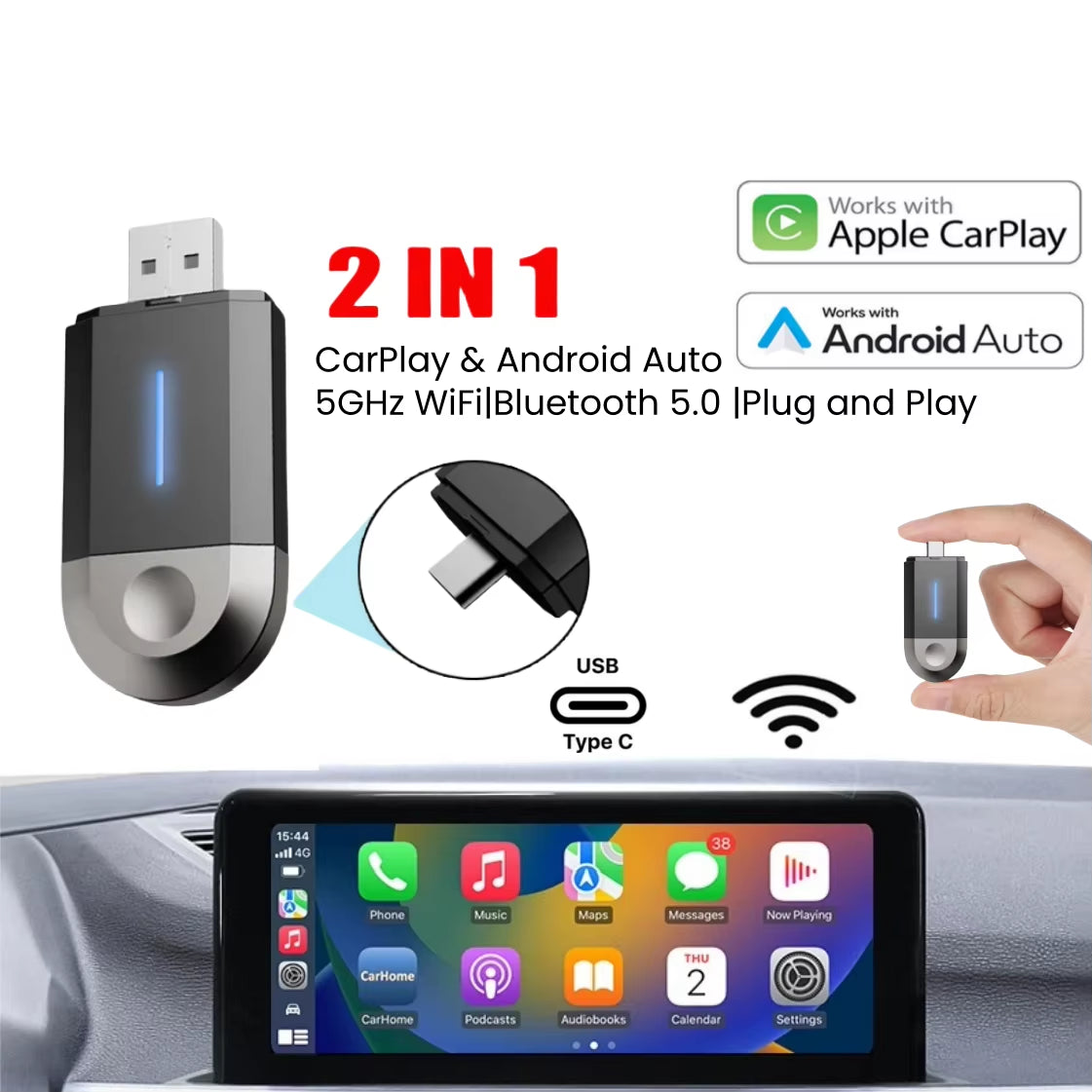 2 in 1 Mini Carplay Wireless Adapter Seamless Integration Android Auto for Apple USB Type-C Dongle in Universal Car