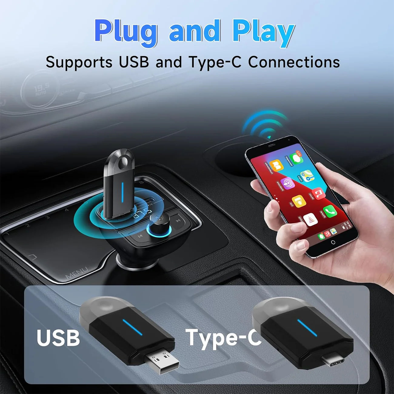 2 in 1 Mini Carplay Wireless Adapter Seamless Integration Android Auto for Apple USB Type-C Dongle in Universal Car