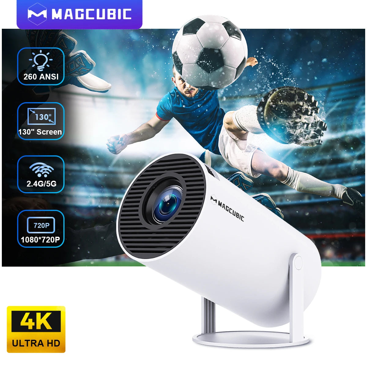 Projector HY300 PRO 4K. Say Goodbye to Bulky TVs – Hello to More Space! Upgrade your home with our Portable 4K Projector for a cinematic experience anywhere. Enjoy stunning Ultra HD visuals, built-in speakers and compact design for ultimate convenience! 