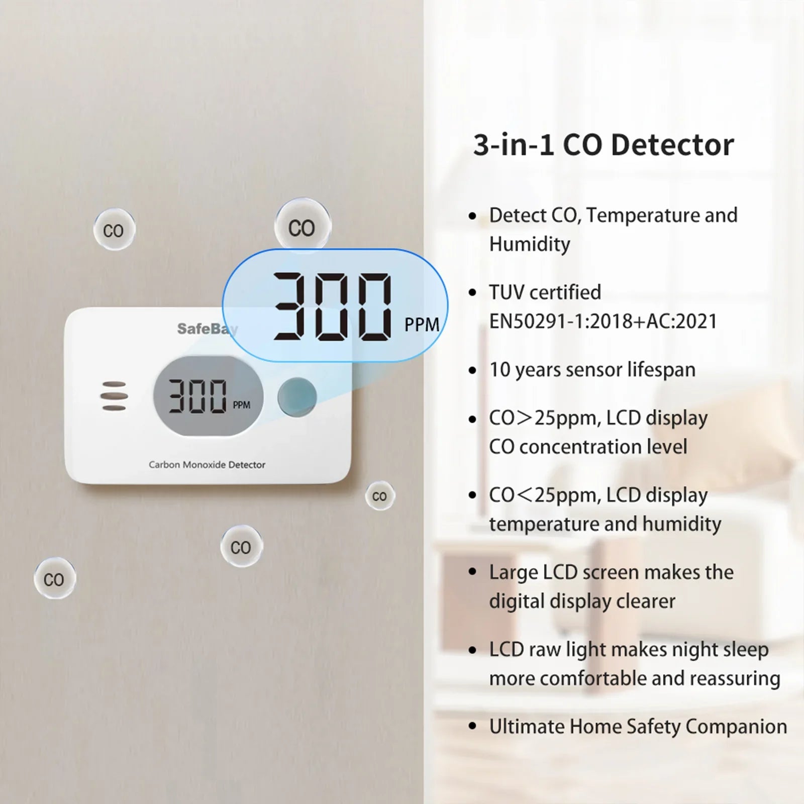 CPVAN Wireless 3-In-1 Digital Screen Carbon Monoxide Detector with Temperature & Humidity for Home Security Protection CO Alarm