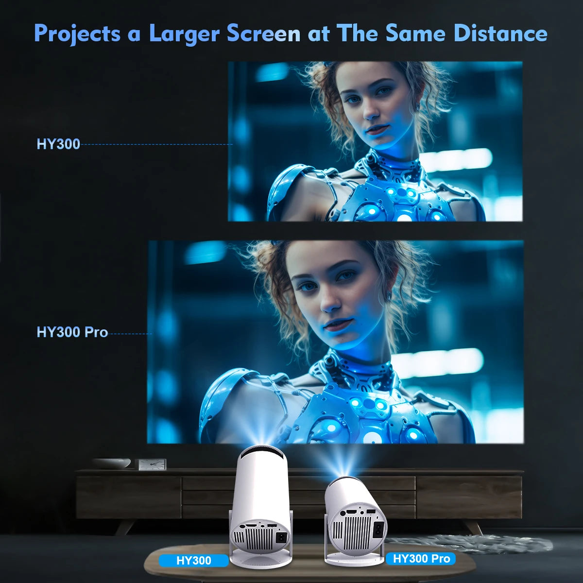 Projector HY300 PRO 4K. Say Goodbye to Bulky TVs – Hello to More Space! Upgrade your home with our Portable 4K Projector for a cinematic experience anywhere. Enjoy stunning Ultra HD visuals, built-in speakers and compact design for ultimate convenience! 