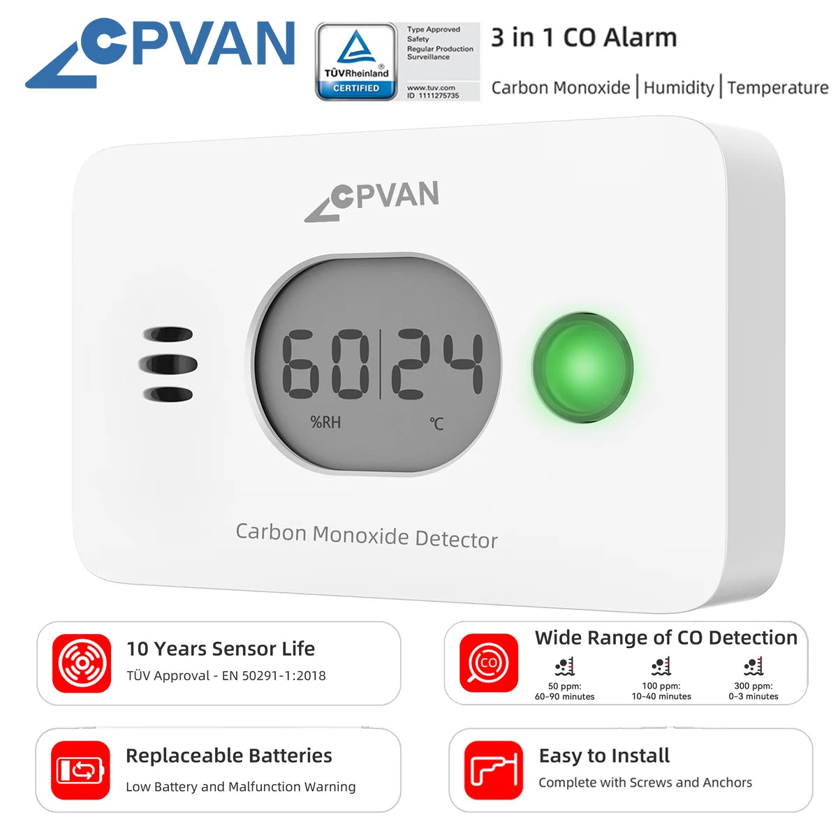 CPVAN Wireless 3-In-1 Digital Screen Carbon Monoxide Detector with Temperature & Humidity for Home Security Protection CO Alarm