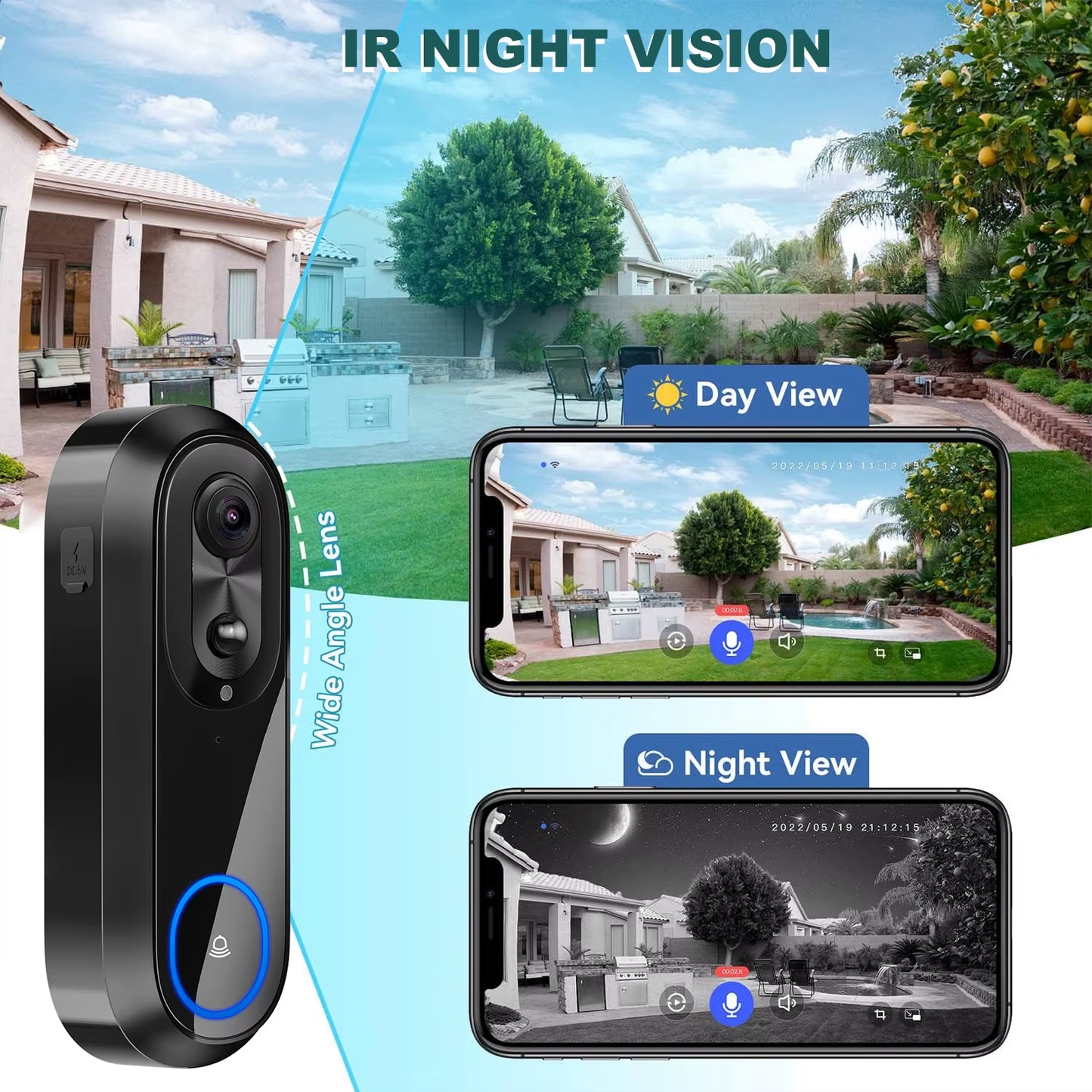 5G 2.4G Wifi Video Doorbell 1080P Wireless Bell Tuya APP Smart Intercom Camera IP65 Waterproof Ring Bell with 7000Mah Battery